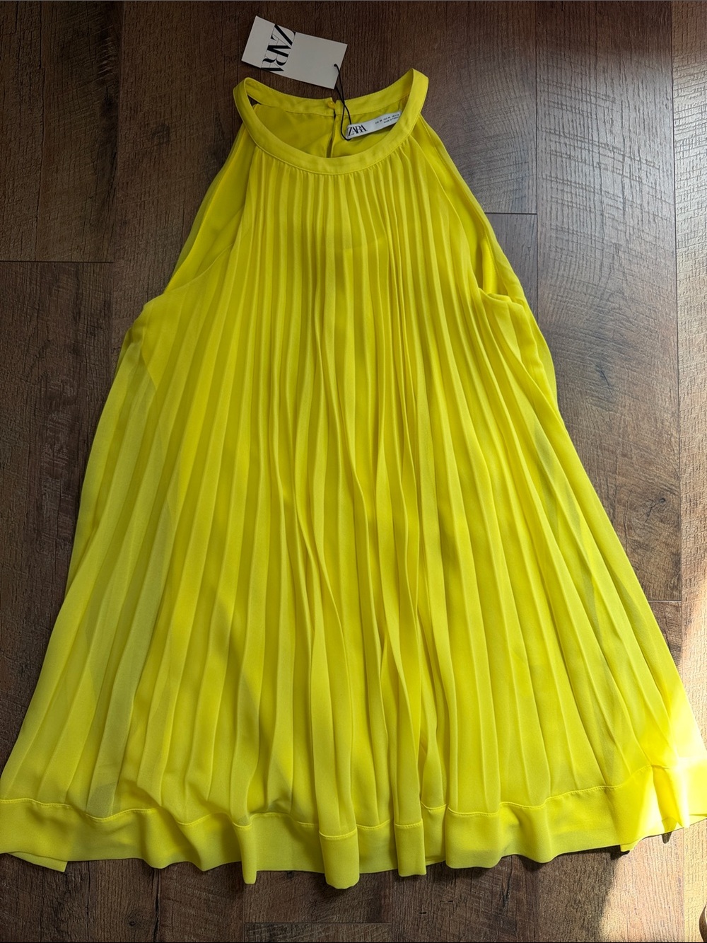 Zara Neon Yellow Pleated Halter Dress